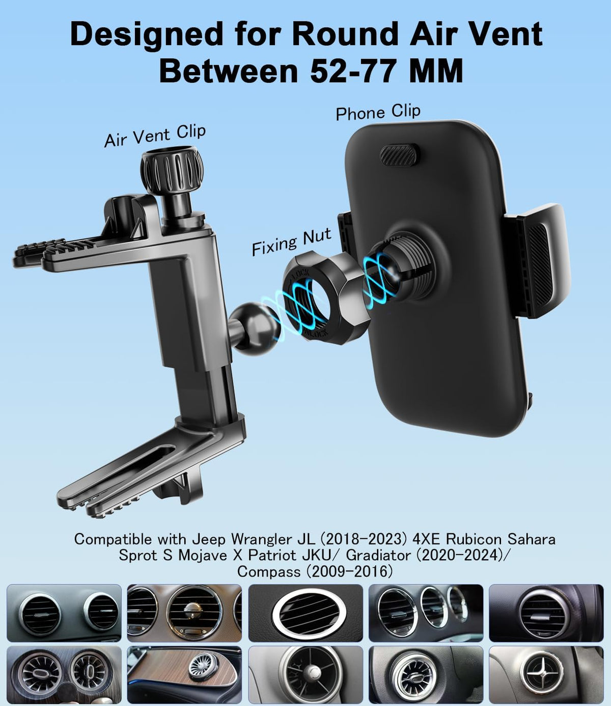 Round Vent Car Phone Holder for Jeep Wrangler JL(2018-2025) Gradiator (2020-2024) Compass (2009-2016) [Thick Case Friendly] Air Vent Car Mount for All Smartphone 4-7.2 inch