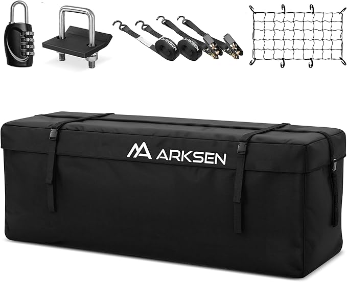 ARKSEN 600D PVC Waterproof Roof Cargo Bag with Lock, Nylon Net, Hitch Stabilizer, 2 Ratchet Straps for SUV, Truck, Van with/Without Rack