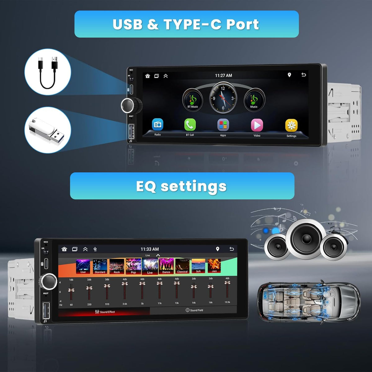 Single Din Car Stereo with Apple Carplay Android Auto,6.9 Inch IPS Touch Screen Car Stereo with Backup Camera, Car Radio Support Mirror Link Bluetooth Handsfree FM/RDS Type-C/USB EQ SWC