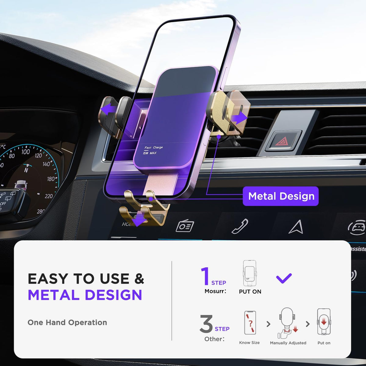 Wireless Car Charger,【7 Colored RGB Backlit】 15W Auto Clamping Phone Holders for Your Car for iPhone 16 15 14 13 12 Mini Pro Max 11 XR XS X, Samsung Galaxy S24 Ultra S23 S22 S21+ Note 20, etc - Gold