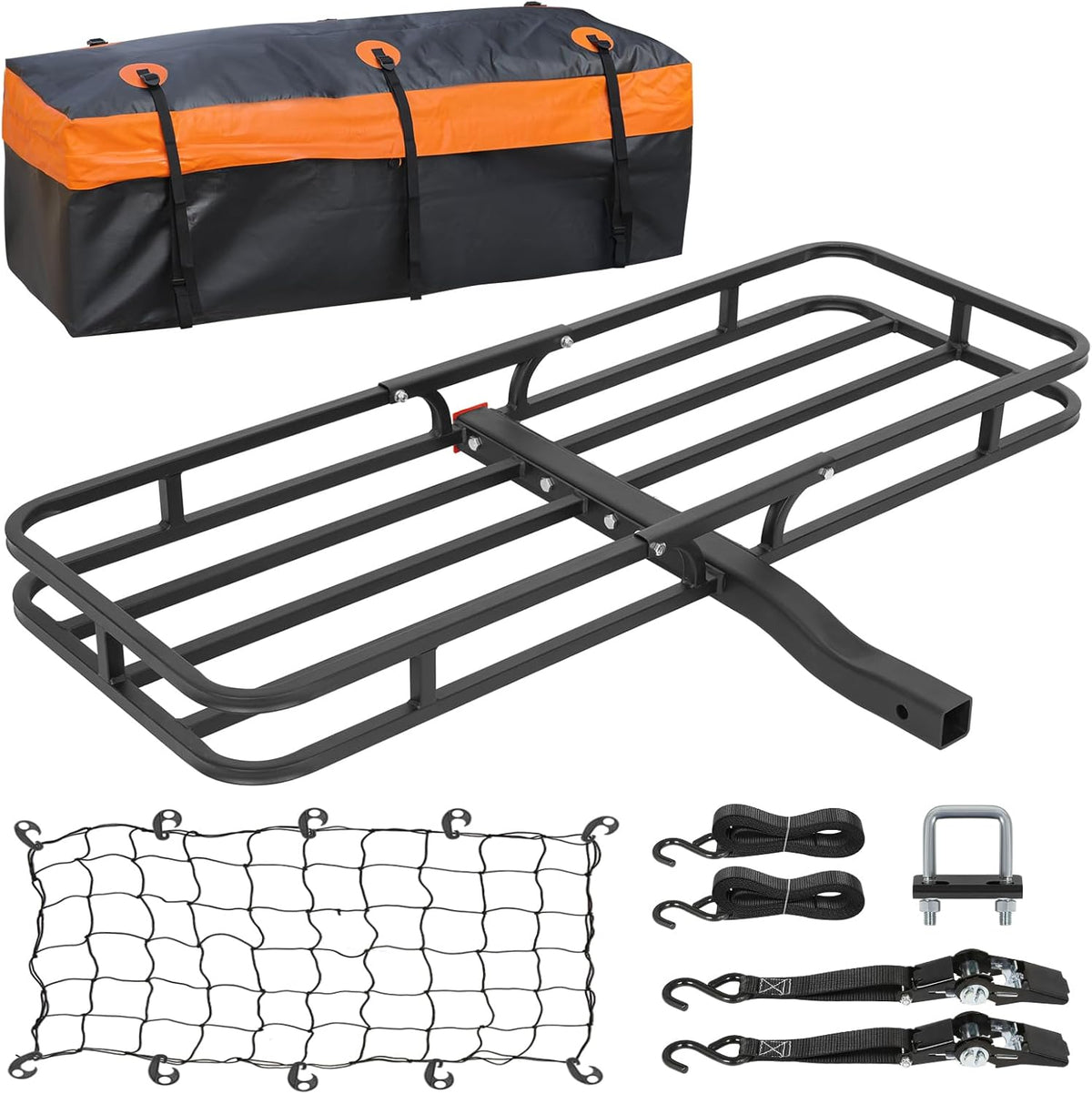 WEIZE Folding Hitch Mount Cargo Carrier Basket 53" X 19" + Waterproof Cargo Bag, Hauling Weight Capacity of 500 Lbs fit on 2 Inch Receiver, with Hitch Stabilizer, Net and Straps