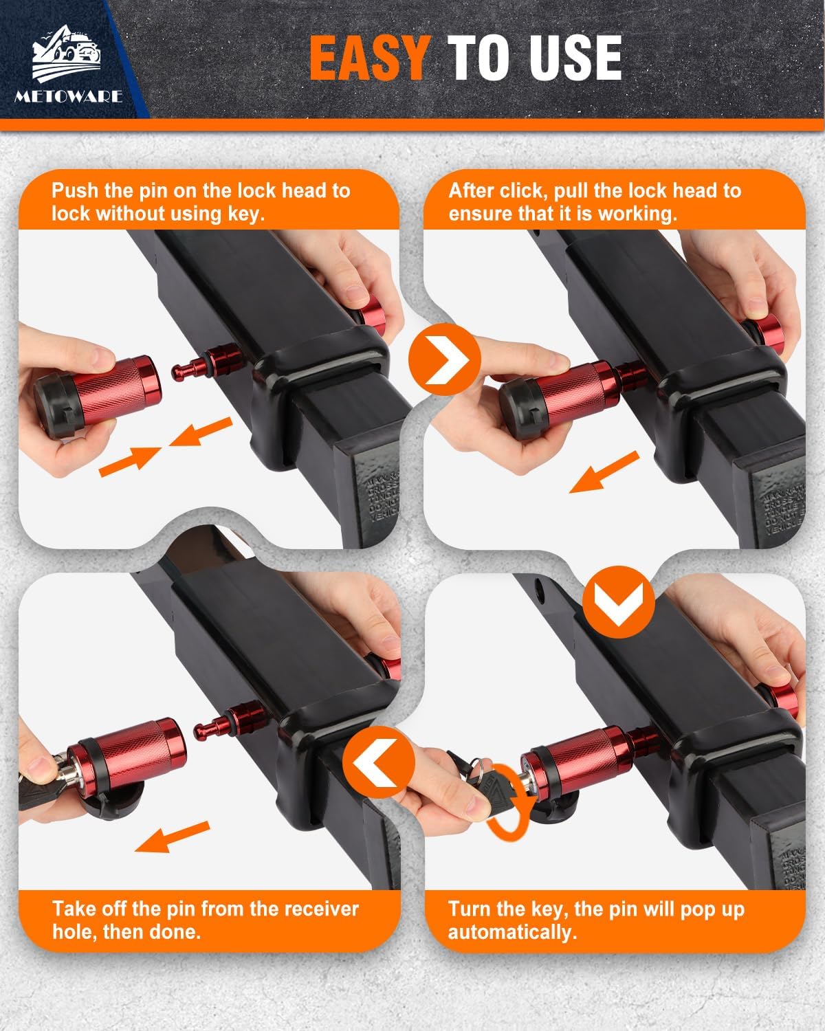 METOWARE Trailer Hitch Lock, Tailer Receiver Lock Fits Class III/IV, 2", 2-1/2" Hitch Receiver with 5/8" Dia Pin and 8 Rattle Rubber O-Rings, for Trailer, Truck, Car, Boat (Red)