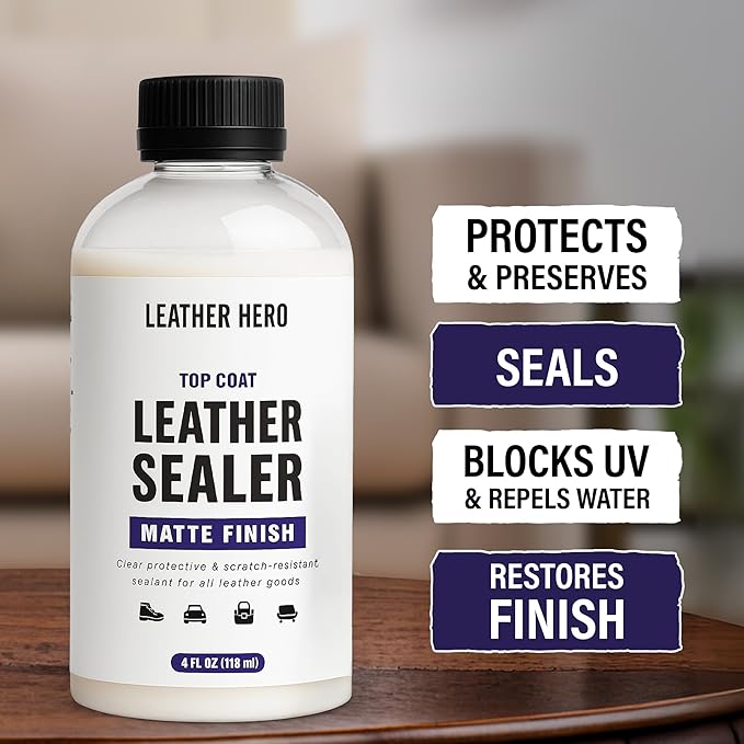 Leather Hero Top Coat – Leather Sealant & Protective Finish for Dye, Paint, Car Seats, Shoes & More – Scratch-Resistant Color Restorer with Applicator – 4oz (Matte Finish)