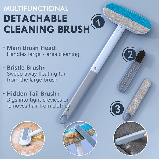 Pet Hair Removal Tool, 4 in 1 Reusable & Washable Dog & Cat Hair Remover, Multifunctional Pet Hair Remover with Extendable Handle & 2 Built-in Brushes, Easy Fur Cleaning for Furniture and Carpet