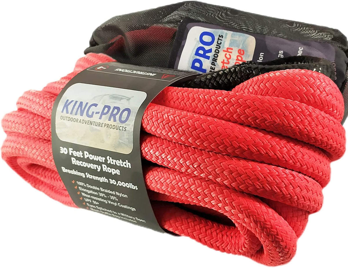 KING-PRO Kinetic Recovery Rope 7/8“x30' Towing Rope 30,000lbs Breaking Strength 100% Nylon Made Heavy Duty Offroad Snatch Strap 30% Elasticity for Full-Size Truck Large SUVs Offroad Vehicels (Red)