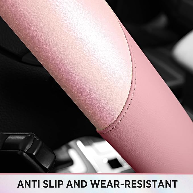 Road Comforts Steering Wheel Cover – Breathable Leather Steering Wheel Cover, Anti-Slip Grip, Universal Fit 14.5” to 15”, Heat & Cold Resistant for Cars, SUVs, and Trucks – Shining Pink & Pink