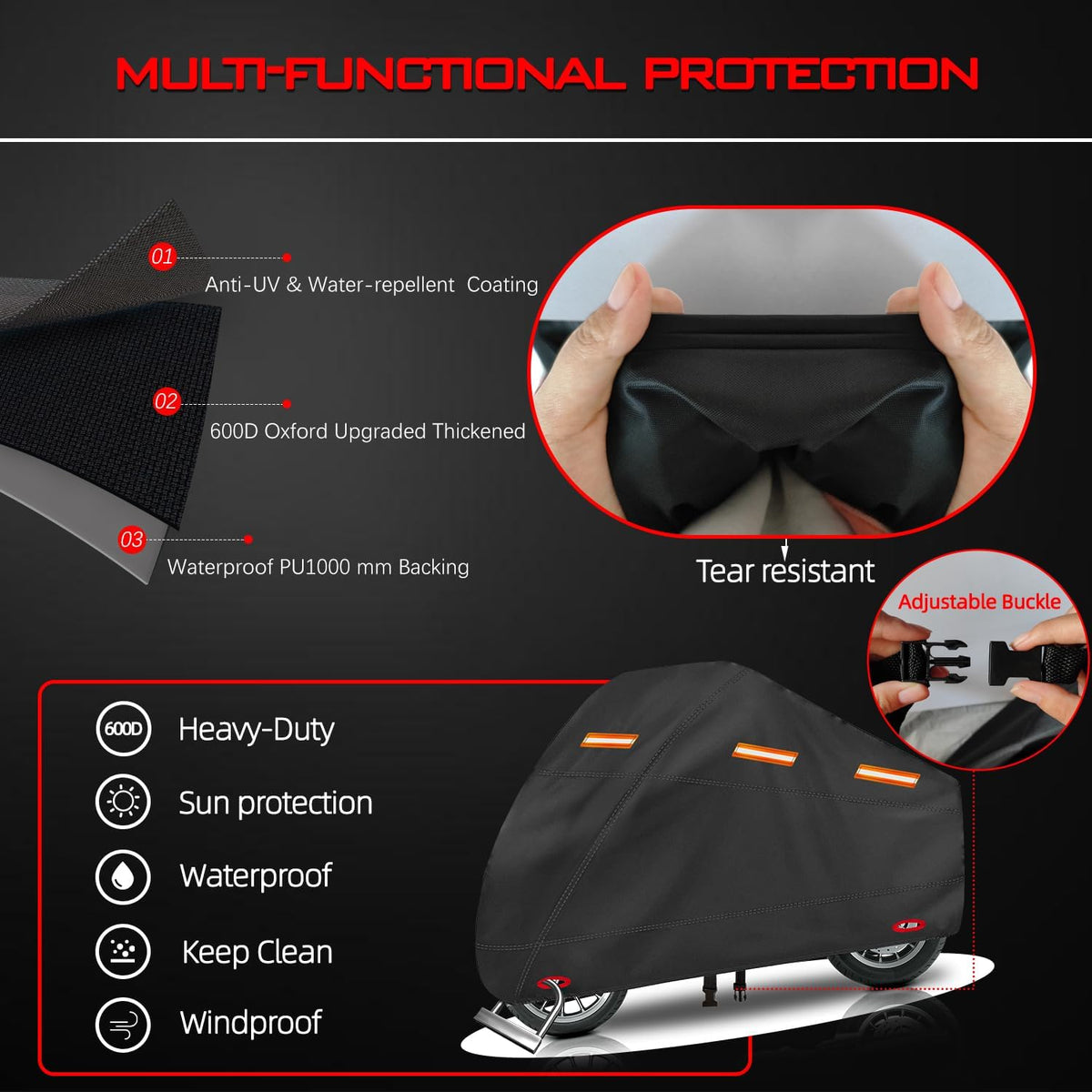 Motorcycle Cover, Heavy Duty 600D Oxford, Waterproof Outdoor, Weather Resistant, Rip-Proof, Anti-UV with 5 Reflective Strips, 2 Lock-Holes, 1 Windproof Strap, 1 Storage Bag (105" x 41" x 50")