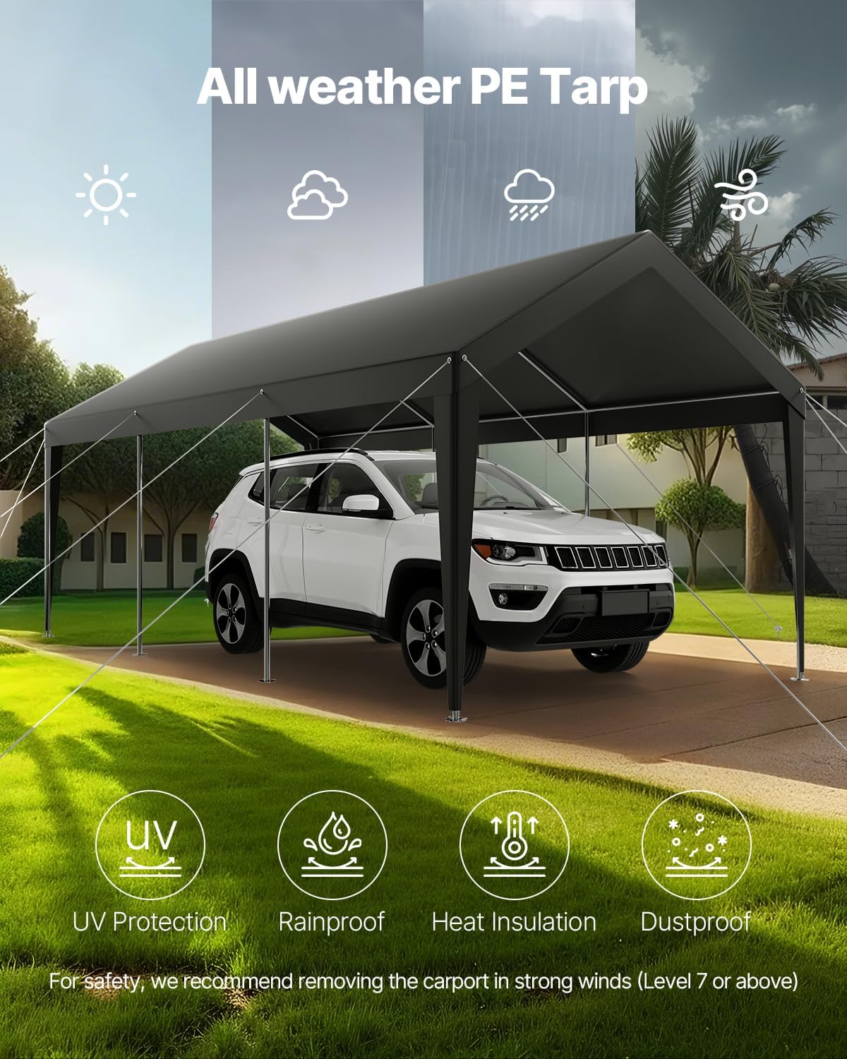VEVOR Carport, 10 x 20 FT Outdoor Car Canopy, Potable Carport, Heavy Duty Galvanized Car Shelter, UV-Resistant & Water-Resistant, All-Season Protection, Storage Shed for Car Boat Motorcycle Grey