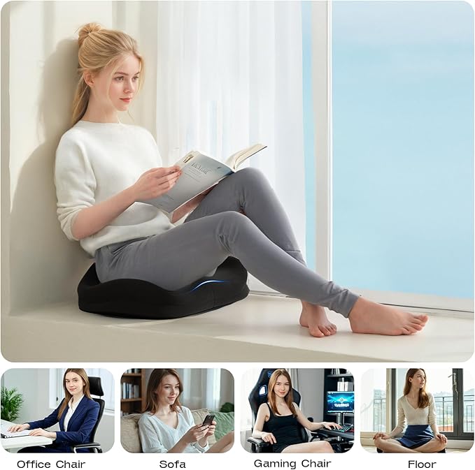 Seat Cushions for Office Chairs - Patented Coccyx Cushion for Tailbone Pain - 21.2" W x 16.5" L Memory Foam Extra Large Seat Cushion, Removable & Machine Washable Cover (Black)