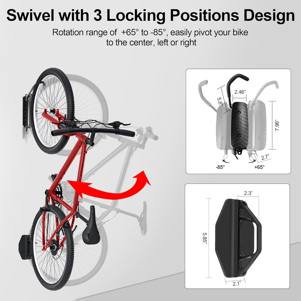 Swivel Bike Wall Mount, Vertical Bike Rack for Garage, Space-Saving Bike Storage and Hanger with Gear Position Lock, Supports Up to 66 lbs, Black, 2 Pack