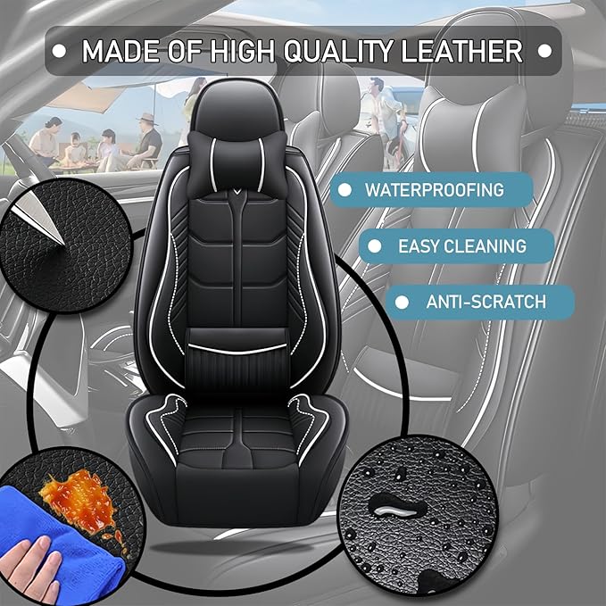 Leather Car Seat Covers Fit for Toyota 4Runner 1991-2024, 5 Seater Car Seat Cover, Premium Waterproof, Scratch Resistant Car Interior Accessories (Full Set with Pillow Black White)