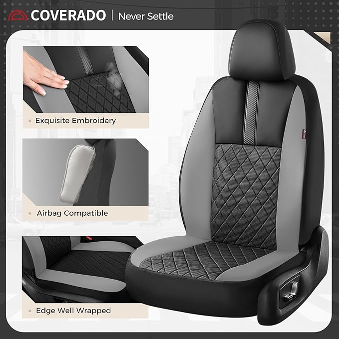 Coverado Car Seat Covers Full Set, Automotive Leather Seat Covers for Car，Universal Fit Front Back Seat Cover, Non-Slip Waterproof Breathable Car Seat Protector