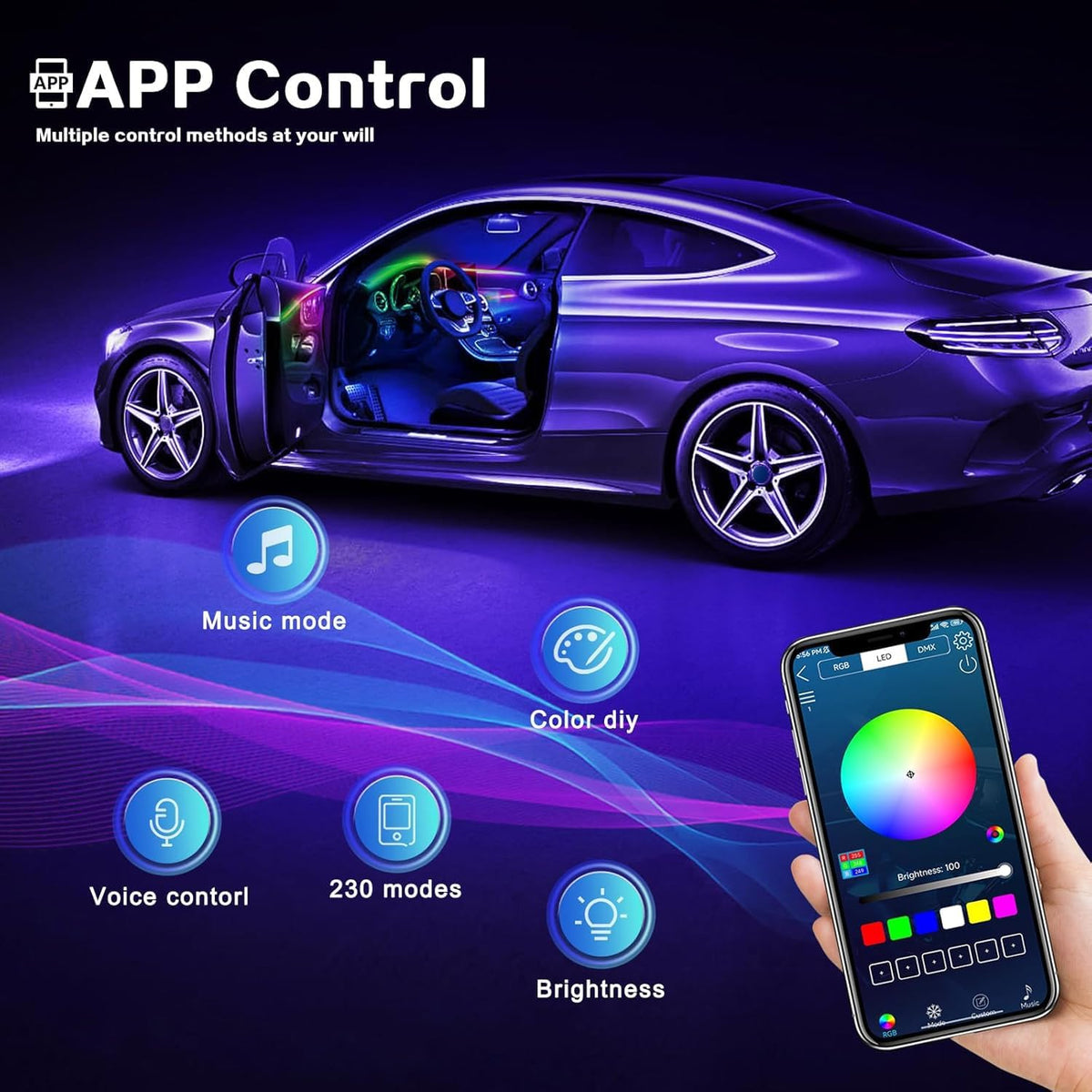 Dream+Color Acrylic Interior Car LED Strip Light with Wireless APP, RGB 10 in 1 with 175 inches 593 Neon Ambient Lighting Kits, Dynamic Chasing Music Sync LEDs Fiber Optic Strip Lights for Car