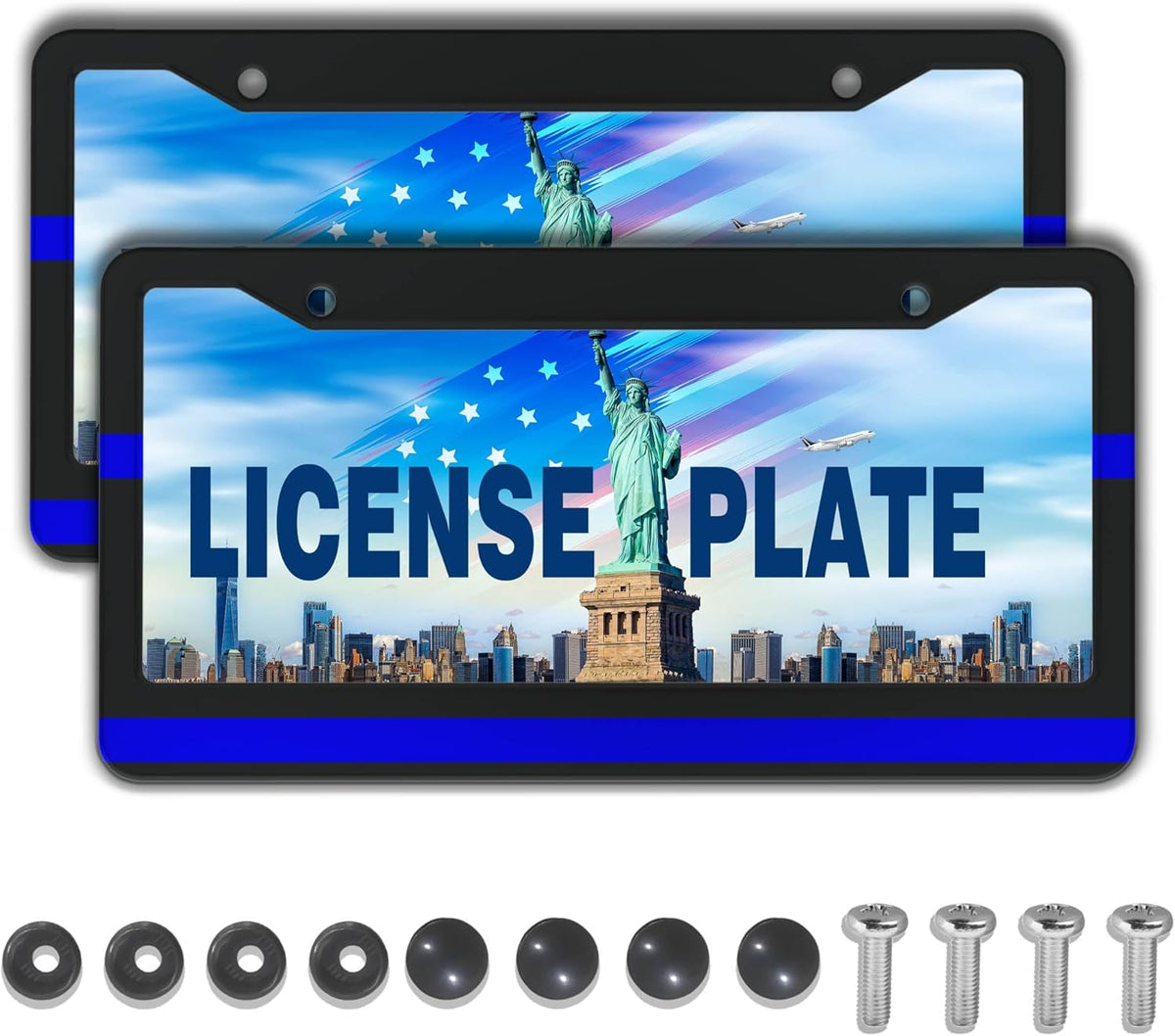 License Plate Frames for Women Blue Black Automotive Exterior Accessories for Men Blue Line Aluminum Metal Car Accessory 2 Pack with Screw Covers Set
