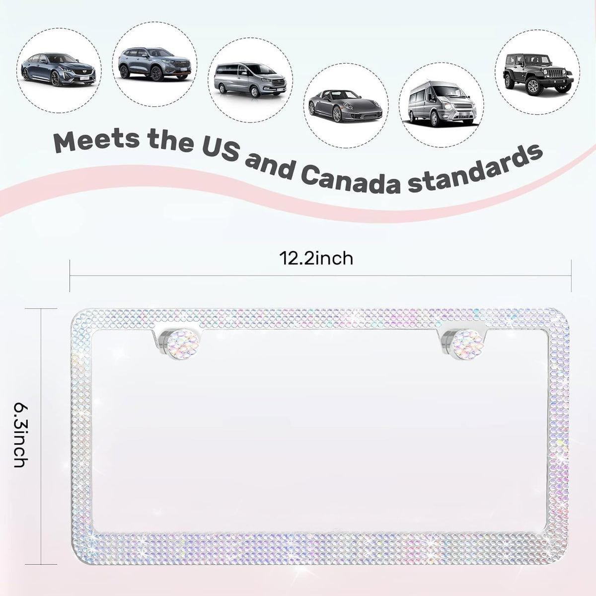 2 Pack License Plate Frames for Women, Sparkly Rhinestone Diamond Car Accessories with Glitter Crystal Caps (Colorful (2PCS))