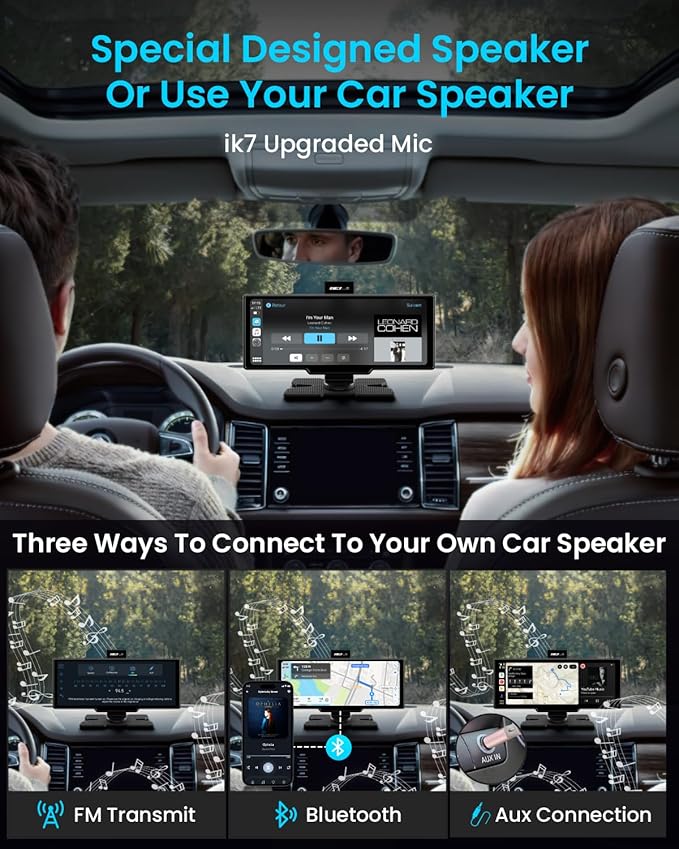 Portable Apple Carplay Screen, 10’’ Car Stereo Wireless Car Play & Android Auto Touch Screen, 4K Dash Cam, 1080P Backup Camera, Mirror Link/Voice Control/Music Play/GPS Navigation