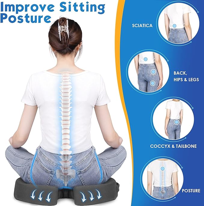 TushGuard Seat Cushion for Office Chair Memory Foam Non-Slip Desk Seat Cushion Back, Coccyx, Sciatica, Tailbone Pain Relief Butt Pillow for Office Chair, Car, Wheelchair, Grey