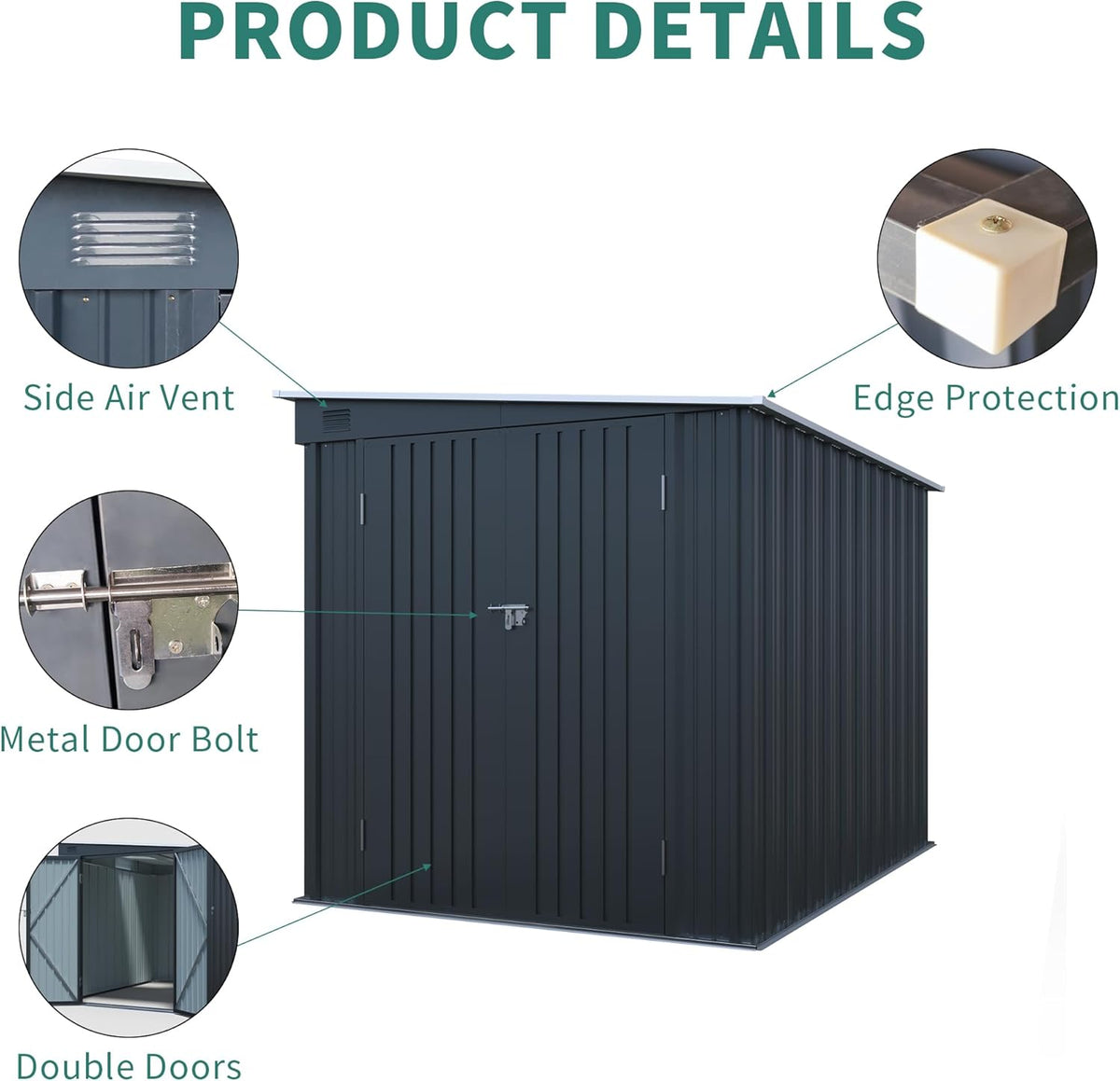 LANTRO JS 6x8FT Metal Outdoor Storage Shed, Garden Tool Shed Without Floor, Lean to Shed with Free PC Light Board and Lockable Doors for Garden Bike Lawnmower