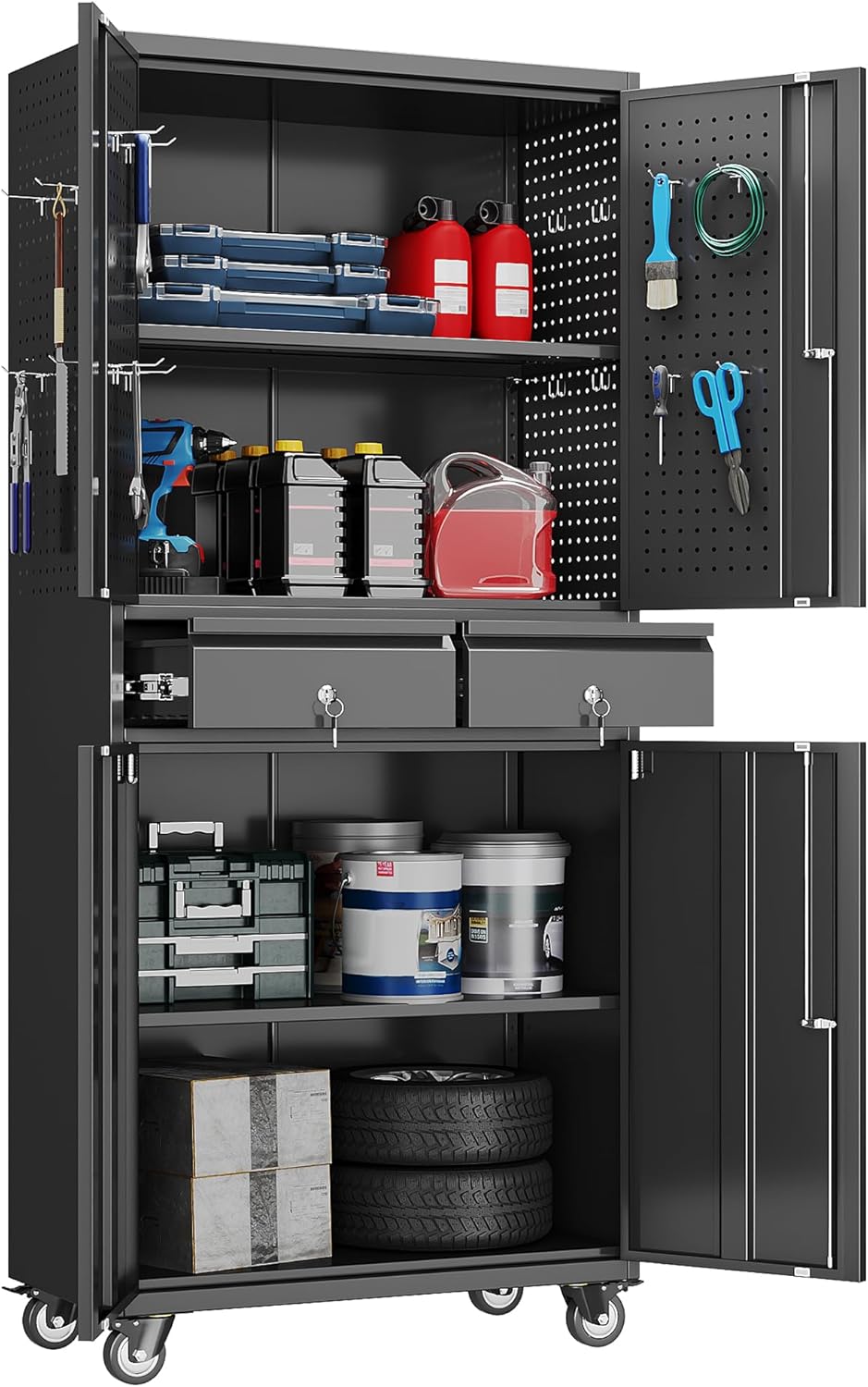 Metal Garage Storage Cabinet with Locking Doors and 2 Adjustable Shelves, Rolling Tool Storage Cabinet with 4 Wheels and 2 Drawer for Garage, Warehouse, Black, Assembly Required