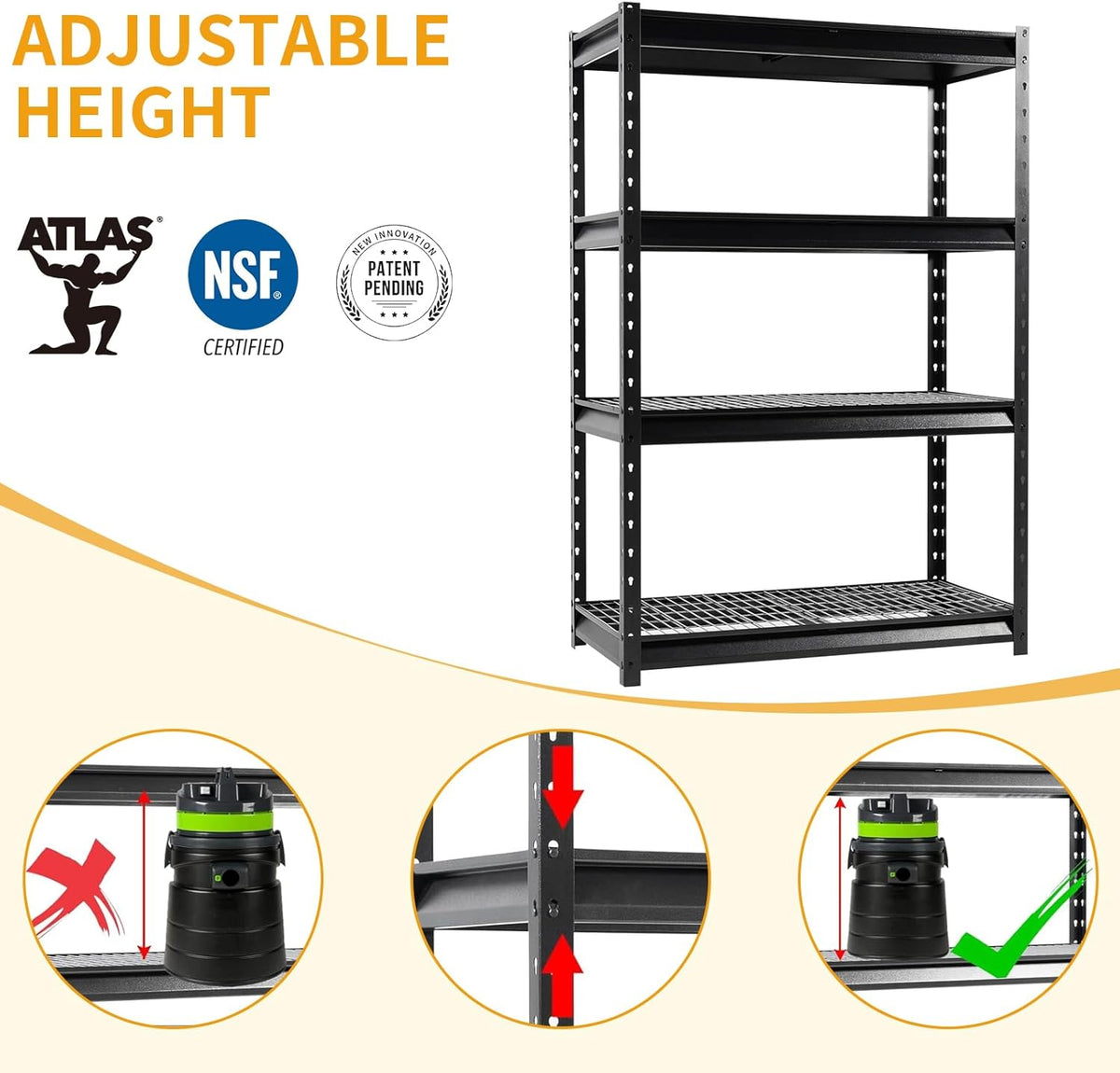 The Atlas 48" W Heavy Duty Garage Shelving Unit Load 12000 Lbs, Metal Shelves for Storage, Adjustable All Steel Industrial Rack, 48" W x 24" D x 72" H, Black