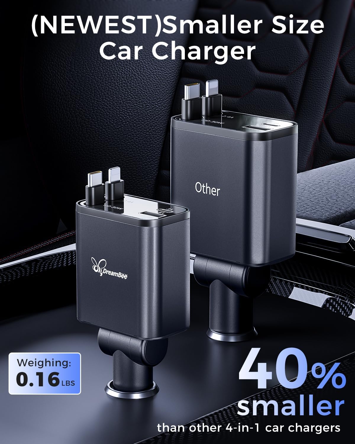 DreamBee Retractable Car Charger,custom-made modelRetractable Cables (31.5 inch) and 2 USB Ports Car Charger, PT-27