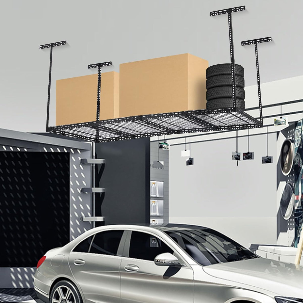 Overhead Garage Storage Rack 4x6 FT, Steel Ceiling Shelves 330lb Capacity, Height Adjustable 22-40 Inches, Space-Saving for Attic Basement Shed (Black, 4 Posts)