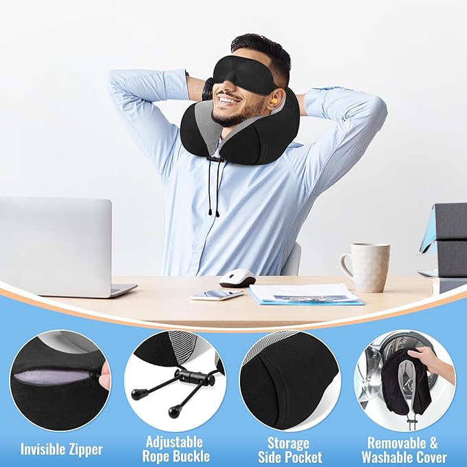 CloudBliss Travel Pillow Premium Memory Foam, Comfortable & Supportive Neck Pillow, Sleeping Neck Pillows for Travel, Airplane Pillow for Sleeping Airplane, Car, Office and Home（Black）
