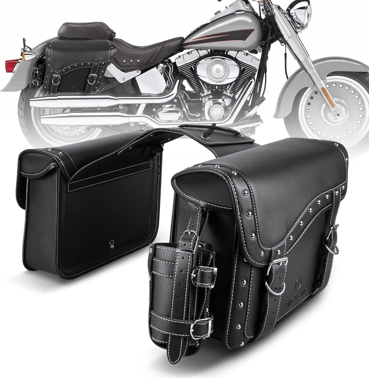 NICECNC Motorcycle Saddle Bags, PU leather Motorcycle Saddlebags, Reinforced Straps & Saddle Piece, with Cup Holder, Throw Over Saddle Bags Side Bags Universal Motorcycle Accessories bags, BlACK