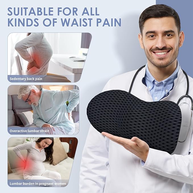 Lumbar Support Pillow, Back Pillow for Low Back Pain Relief, Ergonomic Streamline Car Seat, Office Chair, Recliner and Bed (Black)