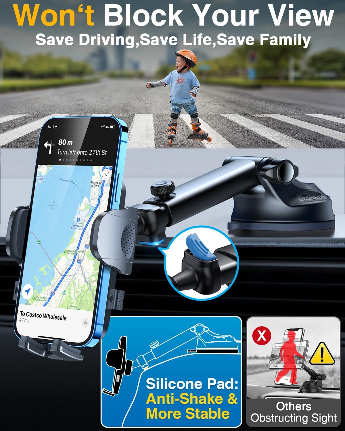 [True Military-Grade & 360 Degrees Rotatable Suction] 2025 YRU Ultimate Car Phone Holder Mount 【90+LBS Safest Strongest & Patent Certs】Dashboard Windshield Vent for iPhone 16 15 Pro Max Samsung, Black