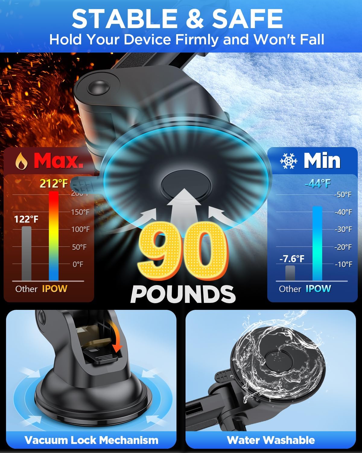 IPOW Magnetic Car Mount - Dashboard & Windshield Phone Holder for iPhone 14/13/12 Series, Tap & Secure Mount, Black