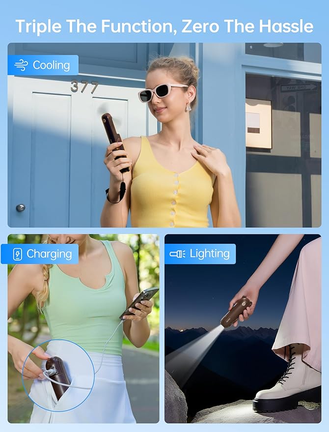 JISULIFE Handheld Mini Fan, 3 IN 1 USB Rechargeable Portable Fan [12-19 Working Hours] with Power Bank, Flashlight, Pocket Design for Travel/Summer/Concerts/Lash, Gifts for Women (Brown)
