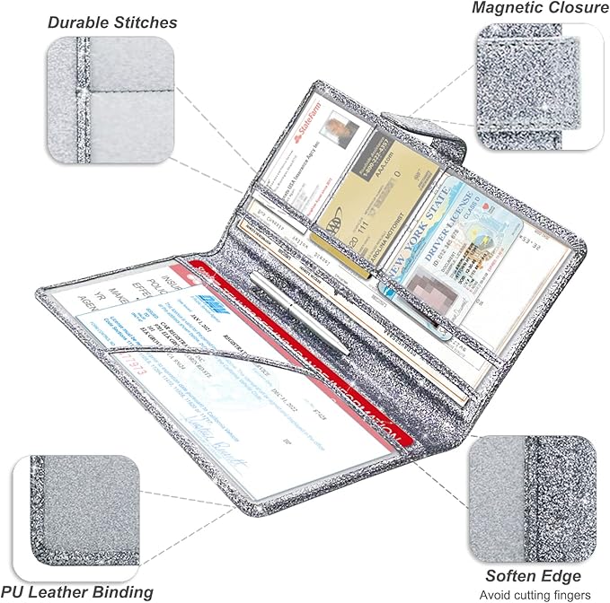 RSAquar Car Registration & Insurance Holder - Leather Glove Box Organizer, Cool Accessories for ID, Driver's License Cards & Essential Documents, Men & Women, Glitter Gray