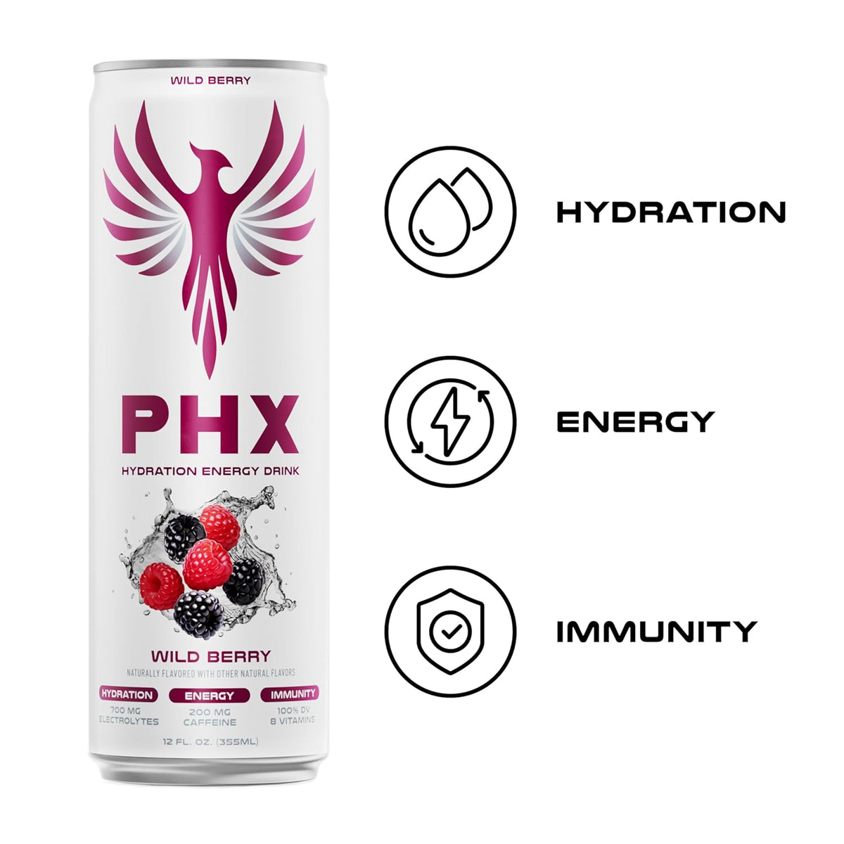 PHX Hydration Energy Drink - 700mg Electrolytes, 200mg Natural Green Tea Caffeine, 100% Daily Value 8 Essential Vitamins - 12 oz Cans (12 Pack) (12 Pack, Wild Berry)