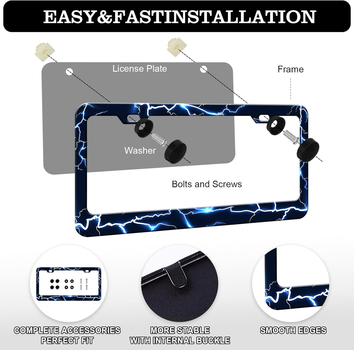 Blue Lightning License Plate Frames - 2 Pack Funny Thunder Stainless Steel License Plate Holder,Rust-Proof Waterproof Car Decorative Tag Frame with Screws Fasteners Caps