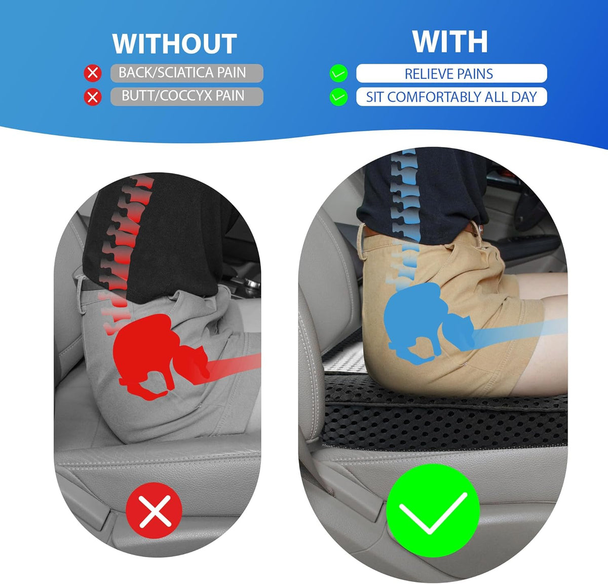 Car Seat Cushion, Comfortable Memory Foam Seat Pillow for Driving, Sciatica-Back Pain Relief, Cushion for Car-Truck, Office, Wheelchair - Mesh Black&Gray