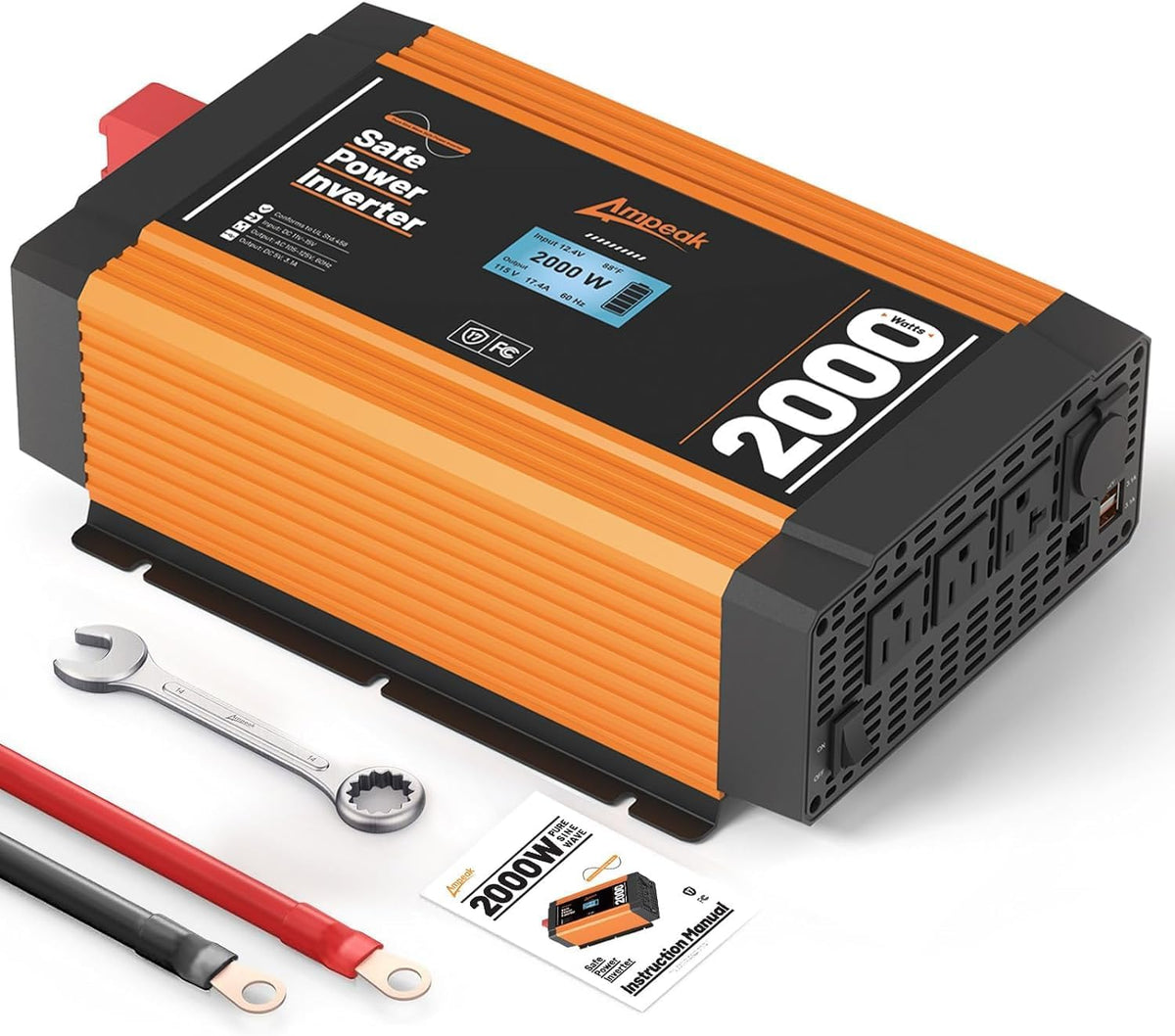 Ampeak 2000W Pure Sine Wave Inverter 12V DC to 120V AC LCD Display Power Inverter 17 Protections 3AC Outlets Dual 5V/3.1A USB Ports for Emergency Backup