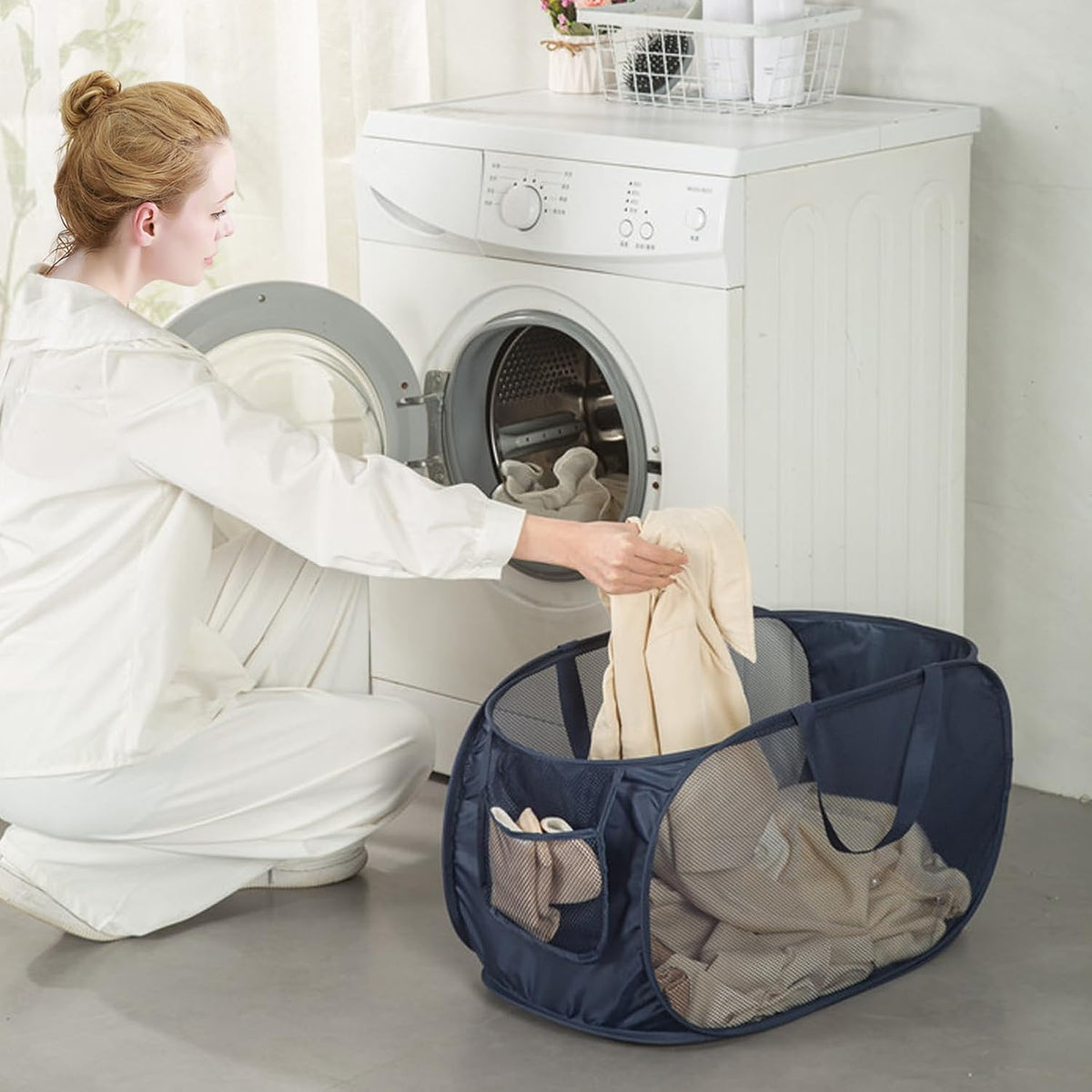 HONOMA Sturdy Mesh Laundry Hamper Basket Bag,Pop up Basket with Side Pocket for Laundry Room, Bathroom, Kids Room, College Dorm or Travel (Pop Horizontal, Navy Blue)