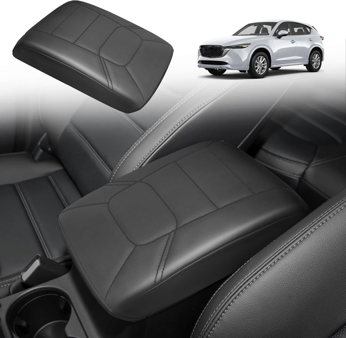 Muslogy Armrest Pad Center Console Cover Compatible with Mazda CX-5 2025 2024 2023-2017 CX5 Accessories Middle Console Cover Cushion Vegan Leather Armrest Lid Protector (Black/Black Stitching)