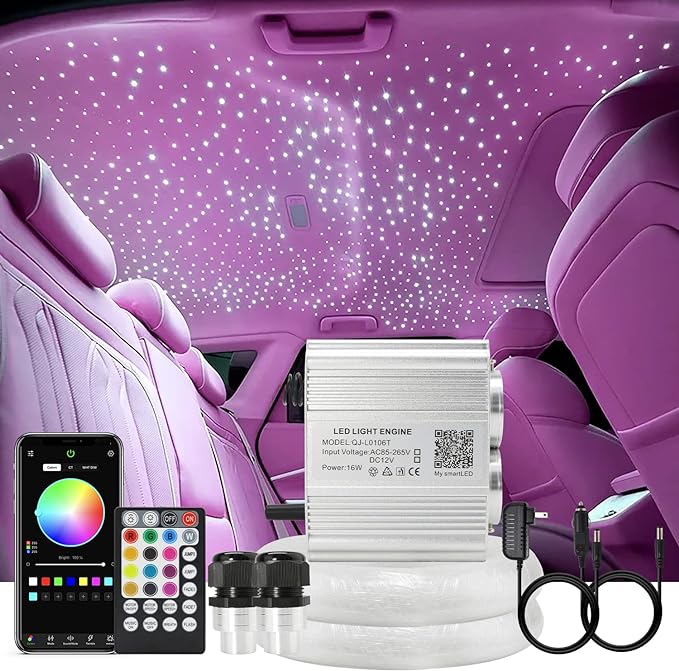 AKEPO Upgraded Car Home APP Twinkle Fiber Optic Lights Kit, Dual Head 16W 900 Strands of 0.03in/0.75mm 9.8ft/3m Optical Fiber Cable Music Activated Starlight Headliner Kits with Remote