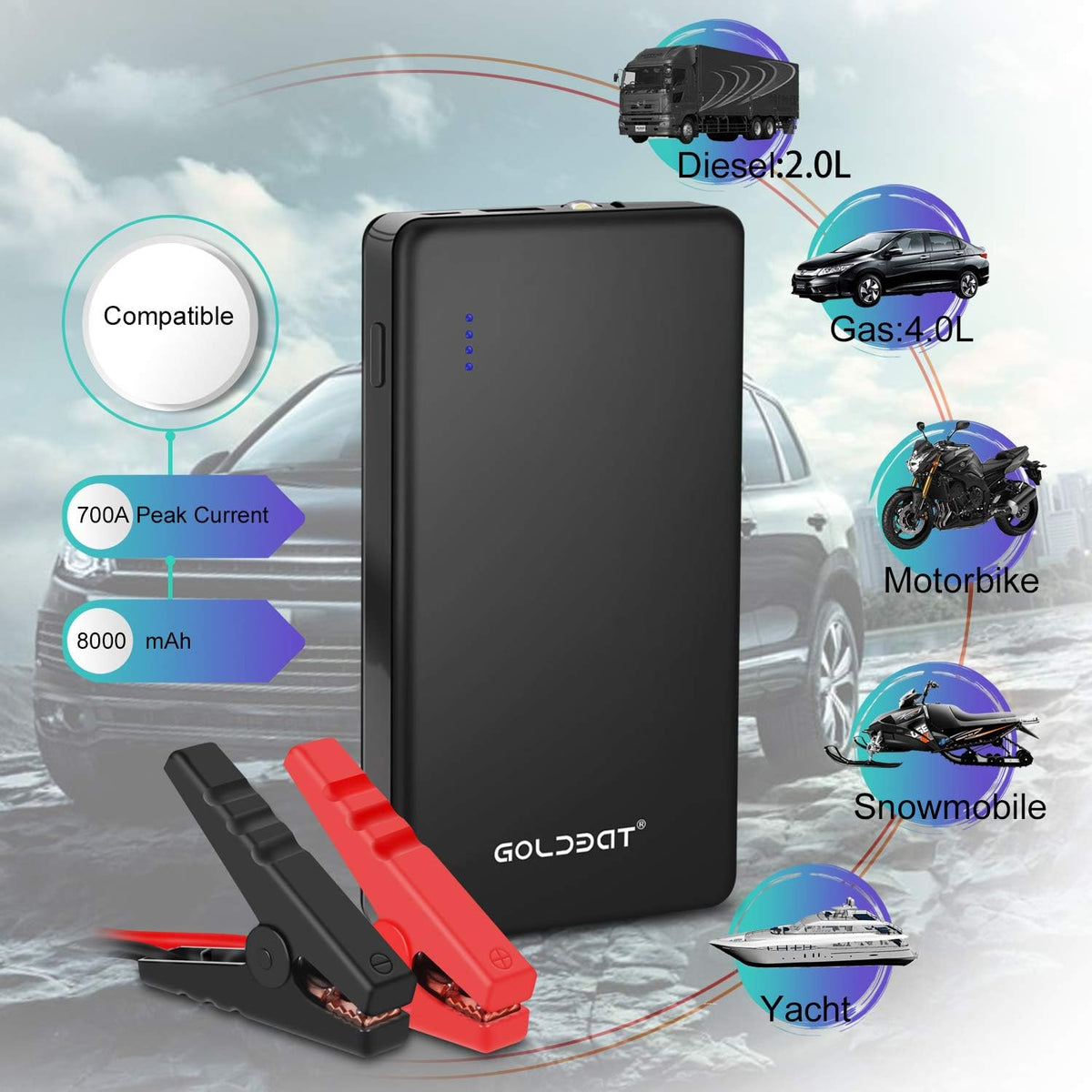 GOLDBAT 700A Peak 12V 8000mAh Car Jump Starter (Up to 4.0L Gas or 2.0L Diesel Engine) Portable Power Pack Auto Battery Booster with LED Light Gift Box Packaging (Black)