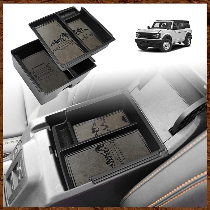 TripleAliners Center Console Organizer Compatible with 2021-2024 Ford Bronco(No for Sport) Accessories 2/4-Door Center Console Storage Box ABS Material with Leather Trim(V2_Retro Grey) Won't Fit 2025