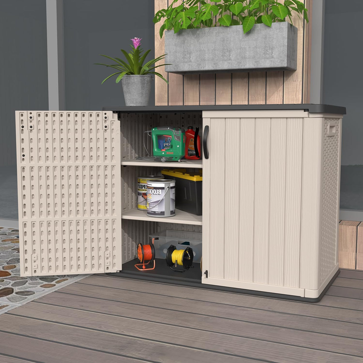 Patiowell 26 cu.ft Plastic Outdoor Storage Shed, Lockable Waterproof Resin Outdoor Storage Cabinet Tool Shed for Garden Tools, Garbage Cans, Pool Supplies, Beige(Not Include Shelves)