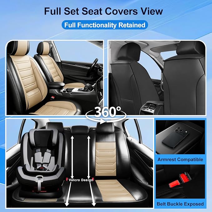 Fit Insight Car Seat Covers for Honda Insight 2010-2022 Premium Leather, Airbag Compatible, Scratch-Resistant, Waterproof All Weather Seat Protector, Airbag Compatible, Front Pair Black+Beige