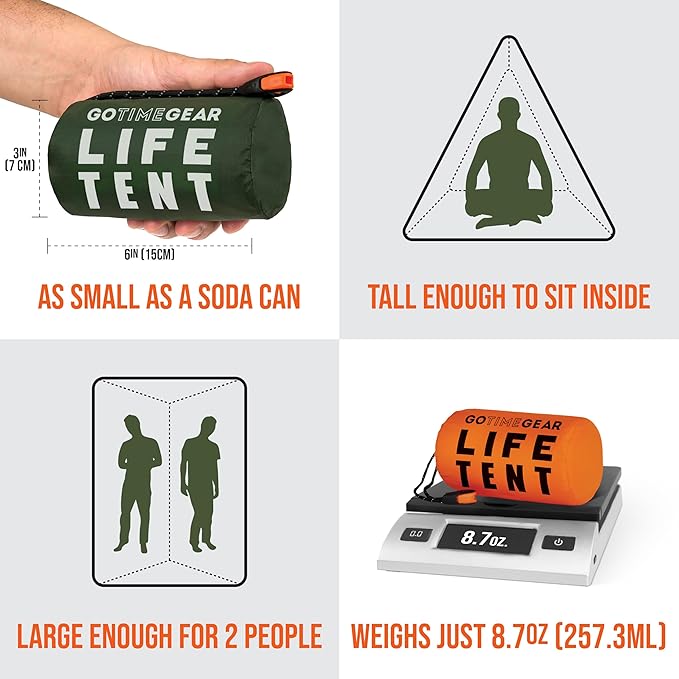 Go Time Gear Survival Life Tent • 2 Person Mylar Emergency Shelter Tube Tent + Paracord • All-Weather Protection for Camping, Hiking, & Survival Kits • Includes Emergency Whistle
