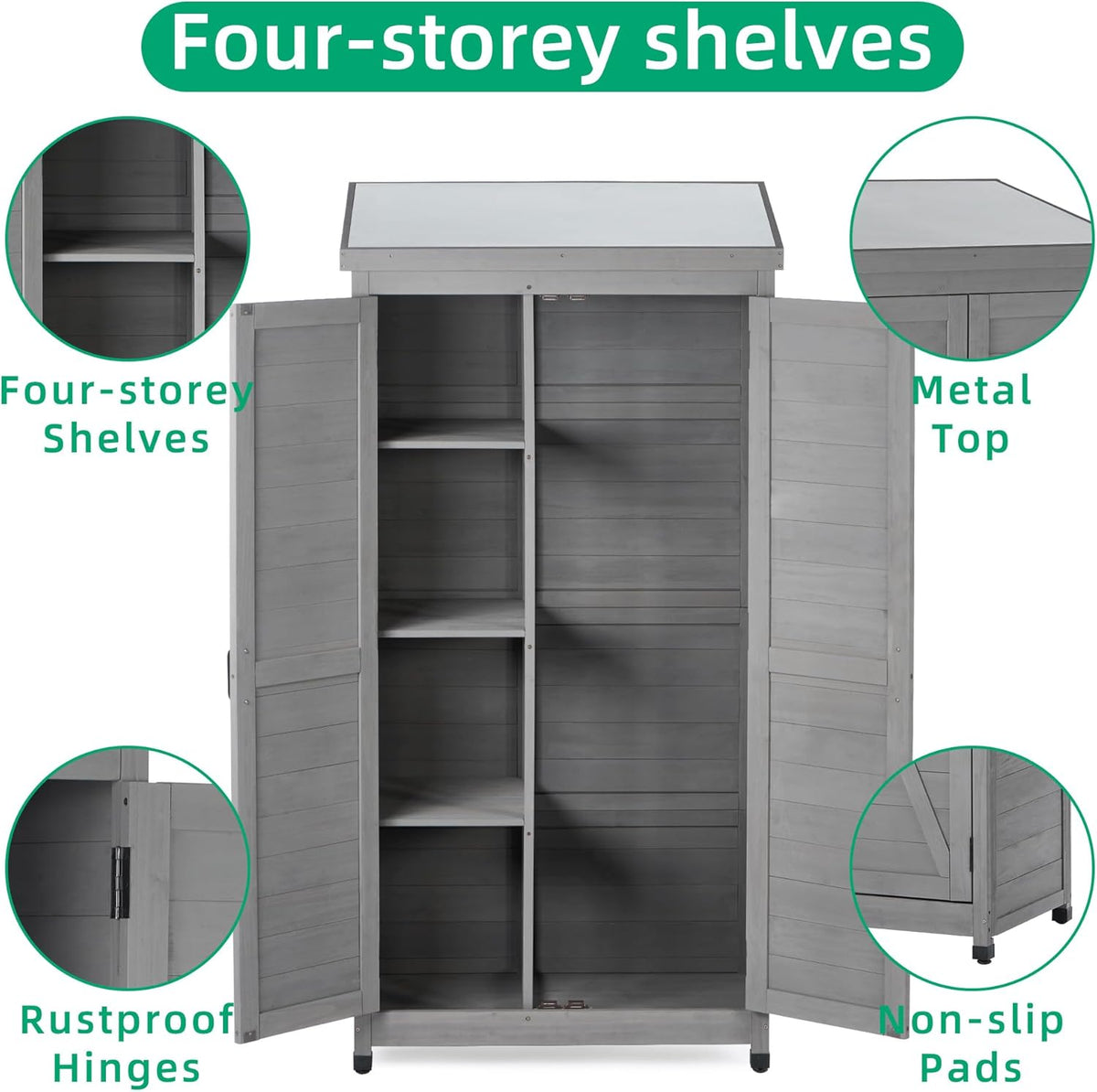 Outdoor Storage Shed Waterproof, Potting Shed with Storage Cabinet and Metal Table Top for Backyard Garden Patio, Outdoor 68 Inches Wood Tall Shed