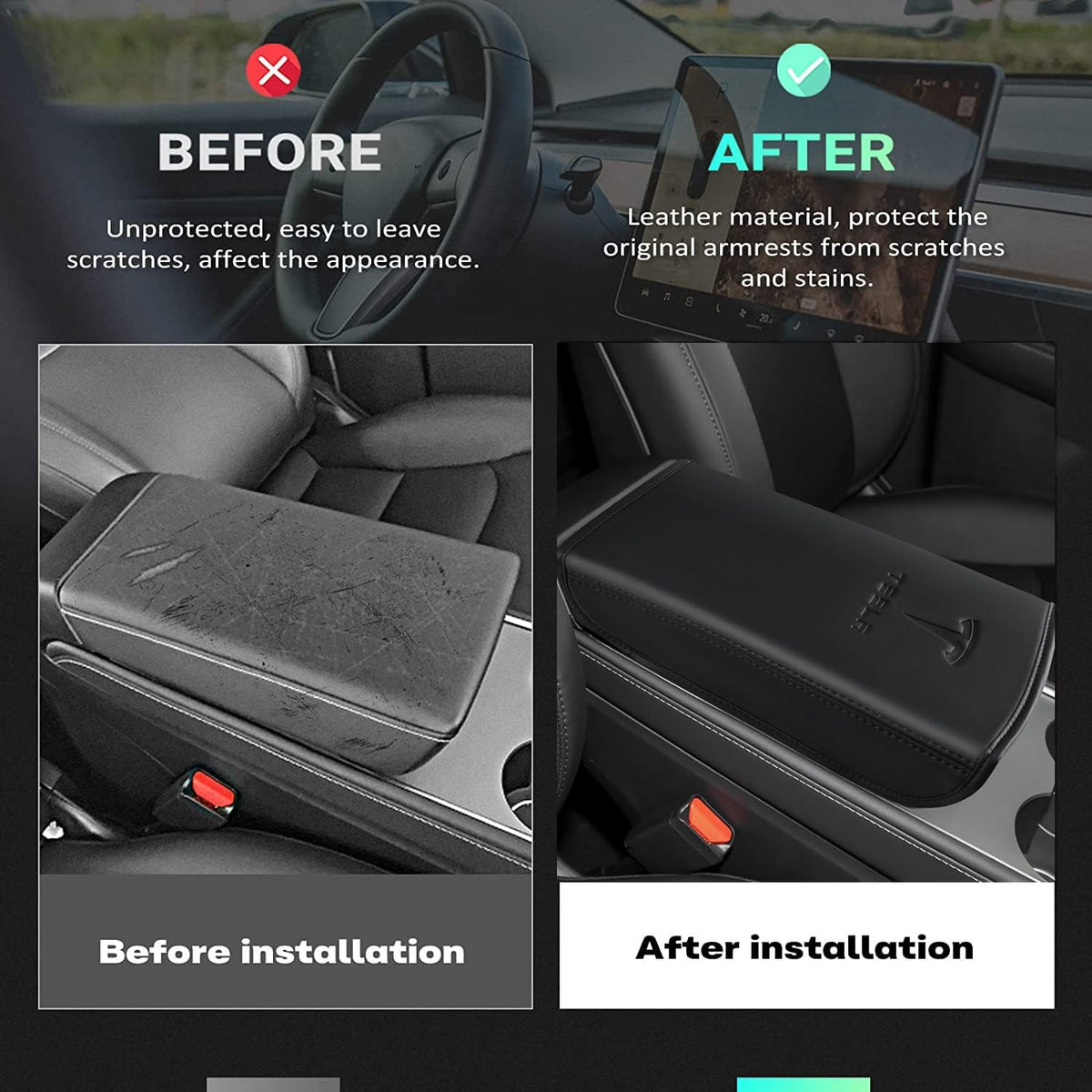 Car Armrest Cover for Tesla Model 3 Y Leather Center Console Armrest Box Cover Anti-Scratch Protector Pad Interior Accessories for Tesla Model 3 Model Y 2017-2023