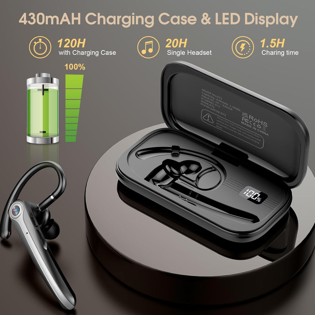 Bluetooth Headset, Wireless Bluetooth Earpiece with ENC Noise Canceling Mic, 120Hrs Talk Single-Ear Headphones, LED Display, IPX7 Waterproof Hand-Free Earphone for Business/Trucker/Driver, Blcak