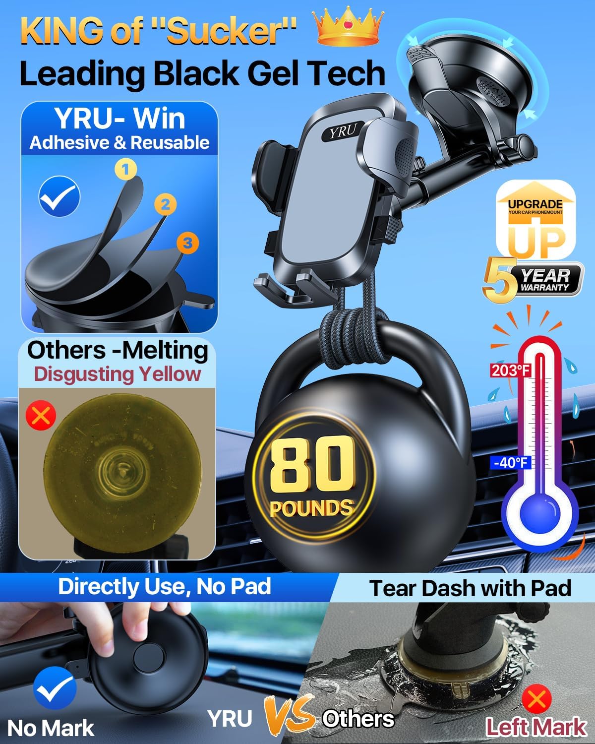 YRU [2025 Upgrade Extreme Strong Suction] Car Phone Holder Mount,[Bumpy Road Stable] Dashboard Cell Phone Holder for Car Vent Windshield Phone Stand for iPhone 16 15 14 13 Pro Max Samsung Truck, Grey