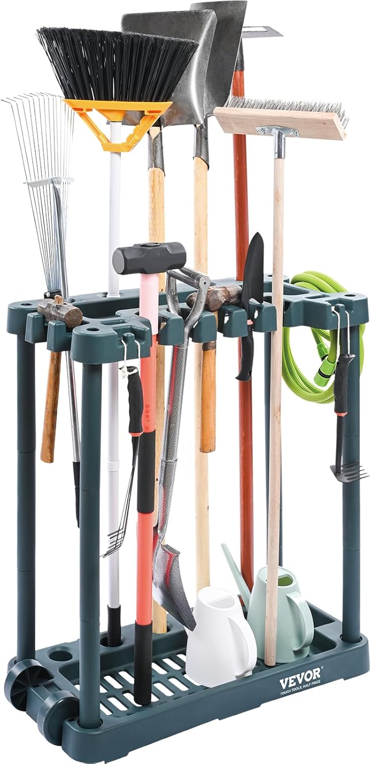 VEVOR Garden Tool Organizer, 10 Slots, Yard Tool Tower Rack for Garage Organization and Storage, Hold Long-Handled Tool/Rake/Broom/Shovel, PP Garden Tool Stand Holder Organizer for Yard, Shed, Outdoor